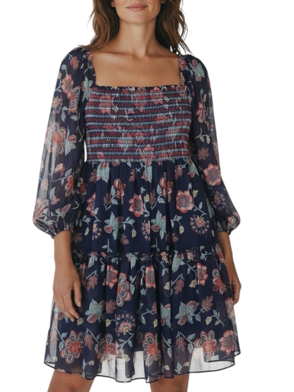 NWT SACHIN + BABI Navy Floral Smocked Bodice Ruffle Hem Mini Dress Size Medium
